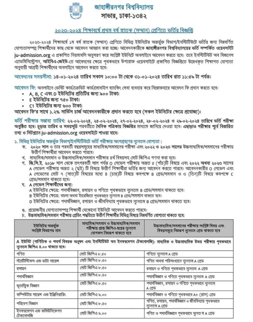Jahangirnaar University Admission Circular 2024-1