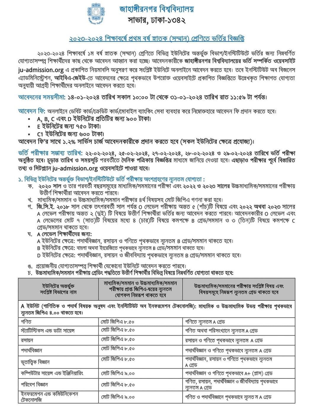 Jahangirnagar University Admission Circular 2024- Apply Through Juniv ...