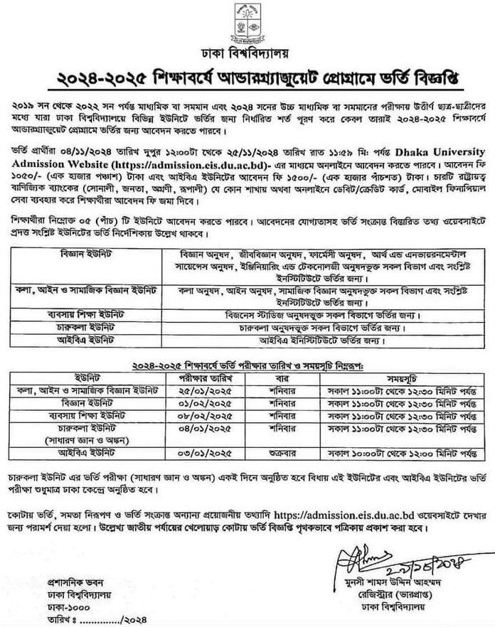 Dhaka University Admission Circular 2025